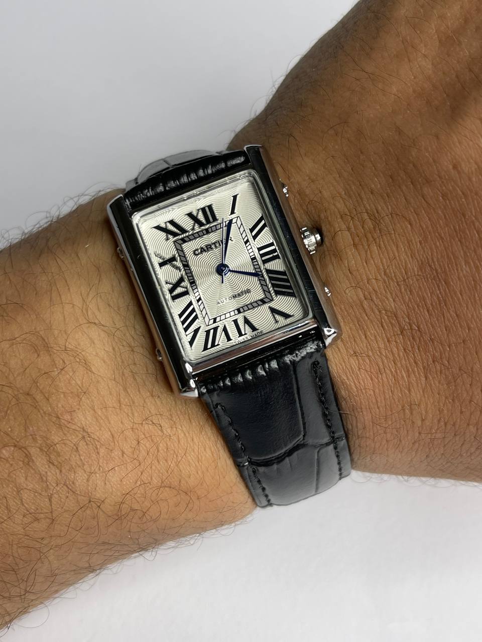 Cartier Tank Must–Black Leather Strap White Guilloché Dial