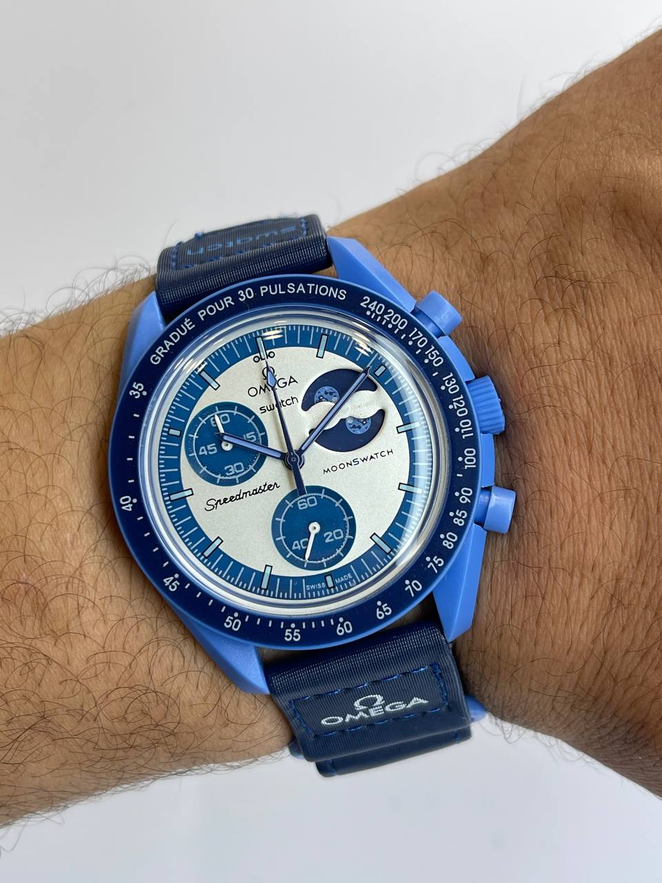 Omega Swatch–Blue Case with Navy Fabric Strap