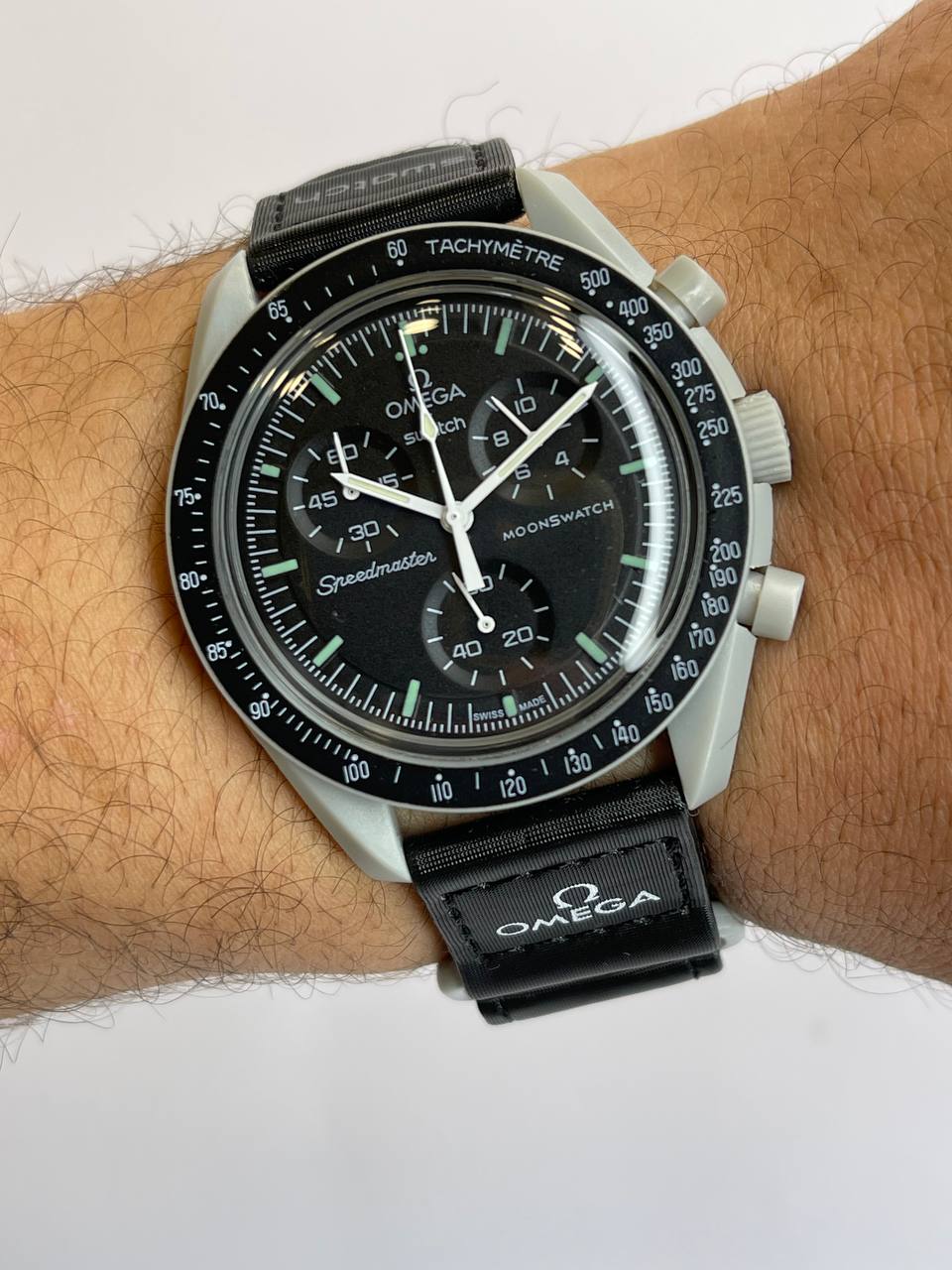 Omega Swatch–Black Fabric Strap Grey Case