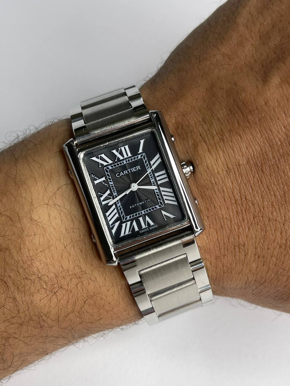 Cartier Tank Must–Silver Metal Bracelet Black Dial
