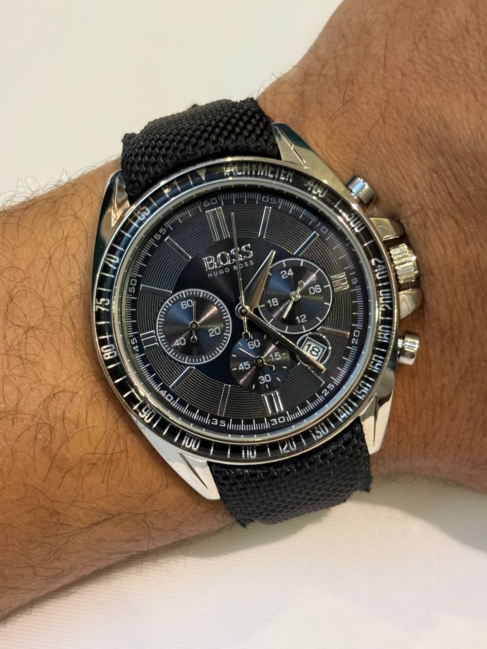 BOSS–Black Fabric Strap Silver Case Black Dial