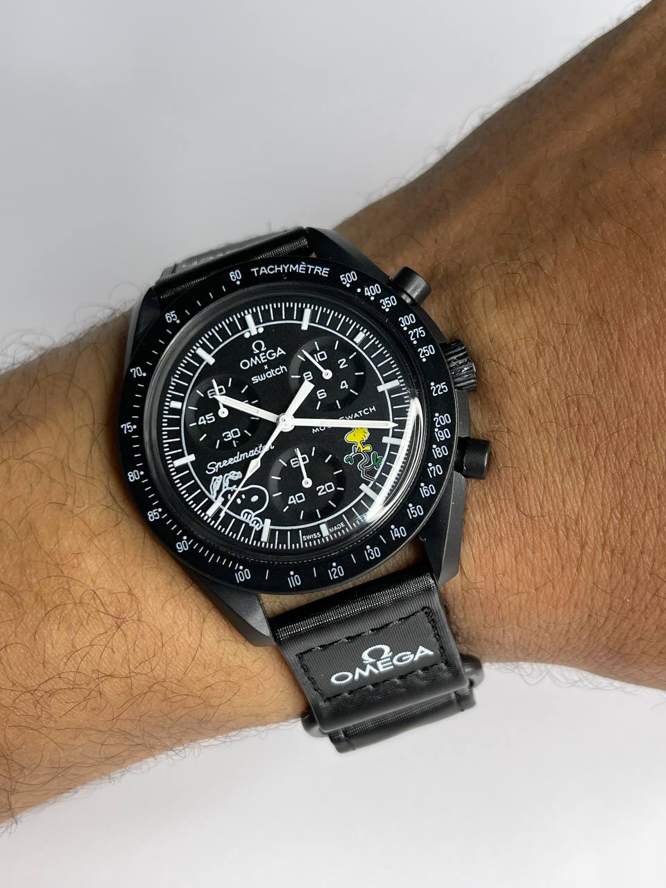 Omega Swatch–Black Case Black Strap with Snoopy Bear Dial